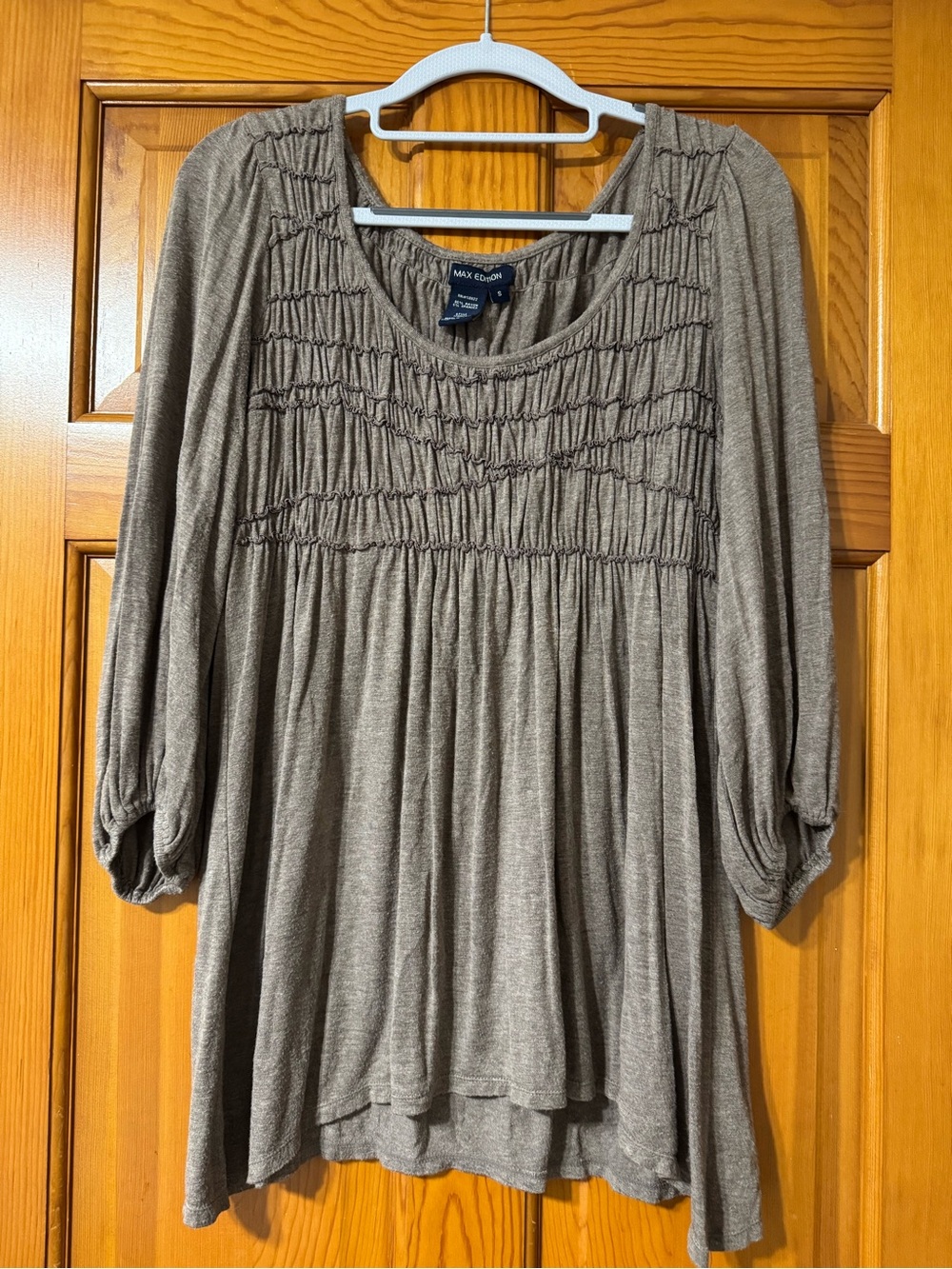 Max Studio Taupe Smocked Peasant Tunic Top